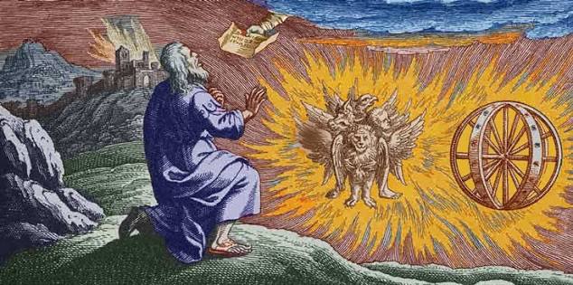 Ezekiel's Vision — the prophet kneeling before the four living creatures and the wheel, a colorized historical engraving